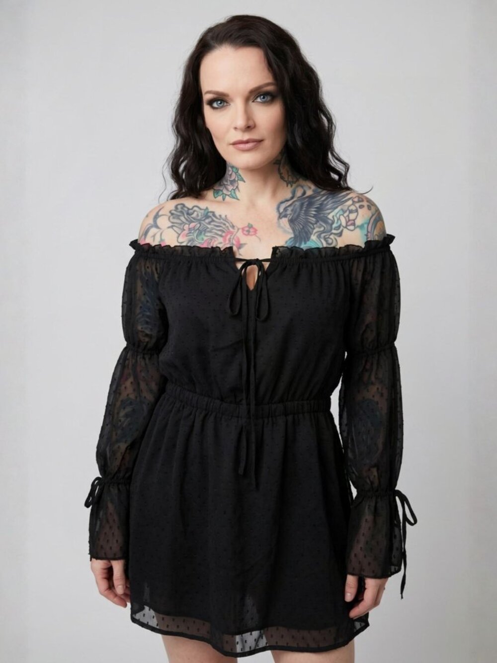 VUTTI ✦ Black Swiss Dot Sheer Sleeve Mini Dress ✦ Ruffle Trim Tie Neck L NWT